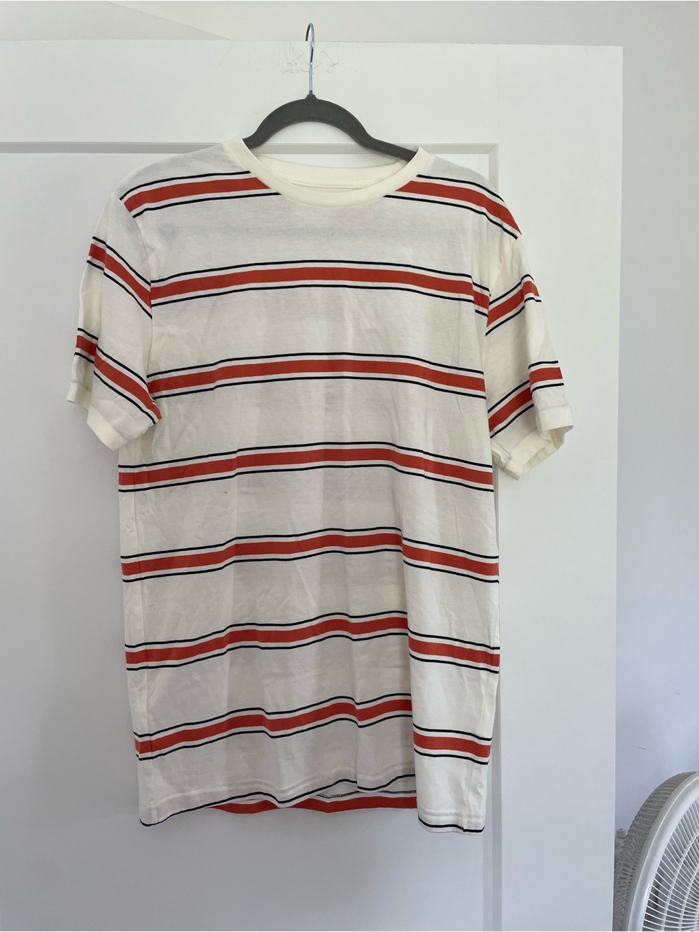 Denim & Flower Cream Tee with Red and Black Stripes